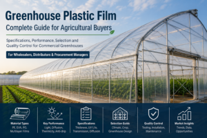 Greenhouse plastic film covering a modern commercial greenhouse for agricultural wholesalers distributors and procurement managers