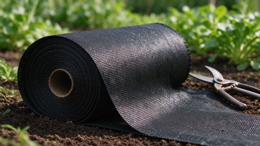 Close-up of a roll of woven weed control fabric showing the durable polypropylene weave, with pruning shears beside it