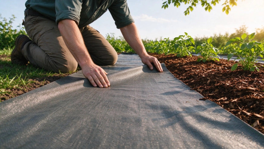 Gardener laying weed control fabric over a garden bed to block weed leaf growth before planting