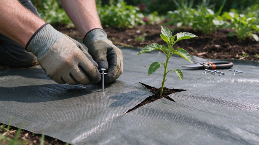 Installing weed control fabric_ landscape staples secure the fabric and a plant stem grows through an X-shaped cut