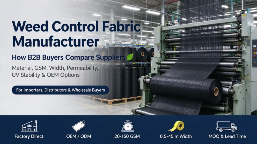 Weed control fabric manufacturer guide cover: factory production line weaving black ground cover fabric rolls, showing OEM/ODM capabilities, 20-150 GSM, 0.5-45m width, MOQ and lead time for B2B buyers