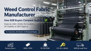 Weed control fabric manufacturer guide cover: factory production line weaving black ground cover fabric rolls, showing OEM/ODM capabilities, 20-150 GSM, 0.5-45m width, MOQ and lead time for B2B buyers
