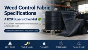 Weed control fabric specifications guide cover: black woven ground cover rolls on pallets in warehouse, with GSM, width, permeability, UV stabilization and tensile strength checklist for B2B buyers