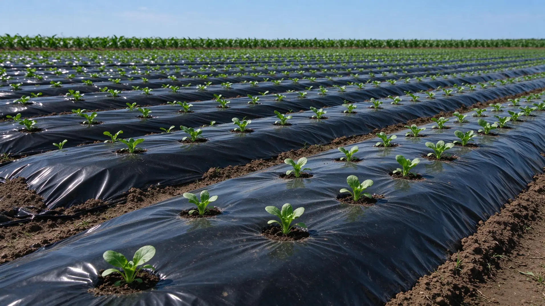Black plastic mulch film covering raised garden beds in farm field, green vegetable seedlings growing through planting holes in neatly aligned rows, sun reflecting off glossy film surface