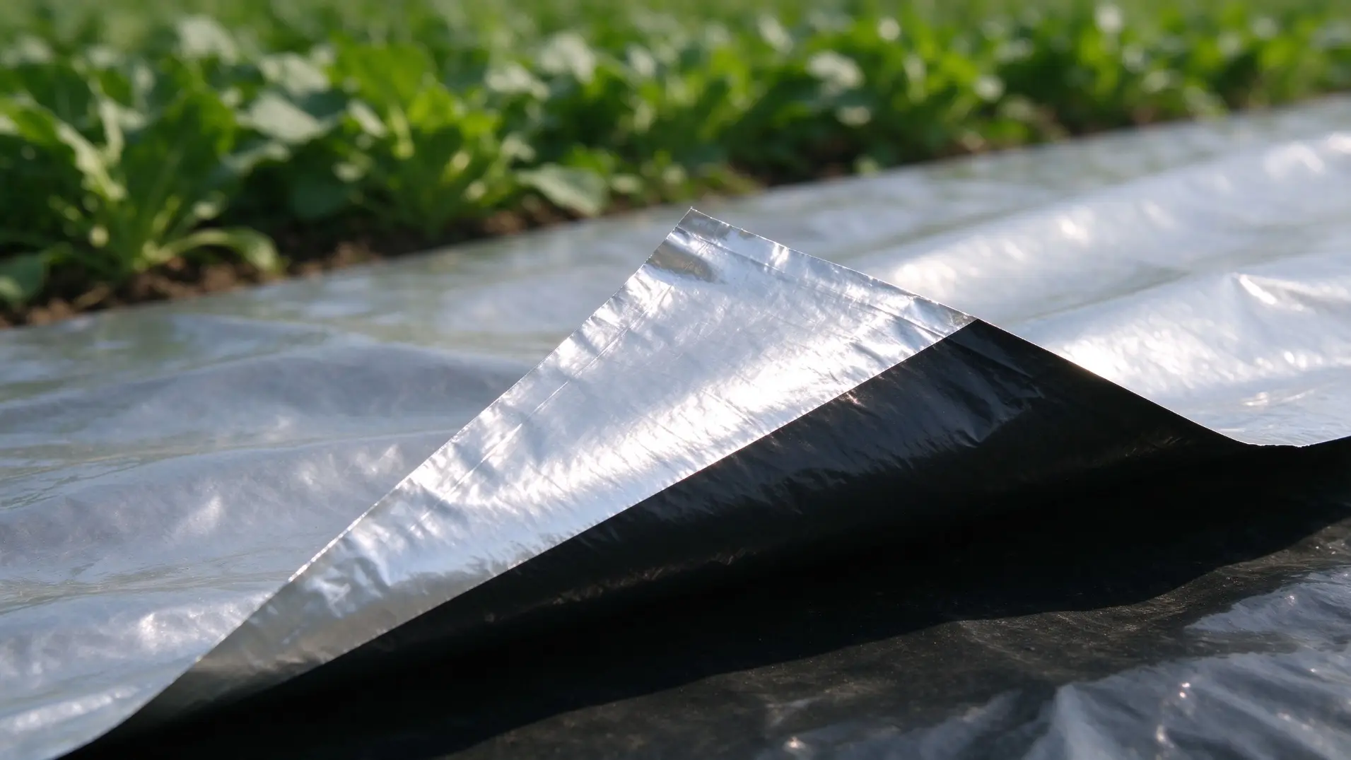 Close-up of silver-black co-extruded mulch film folded back showing reflective silver upper layer and opaque black lower layer, demonstrating two-color structure for insect control and weed suppression