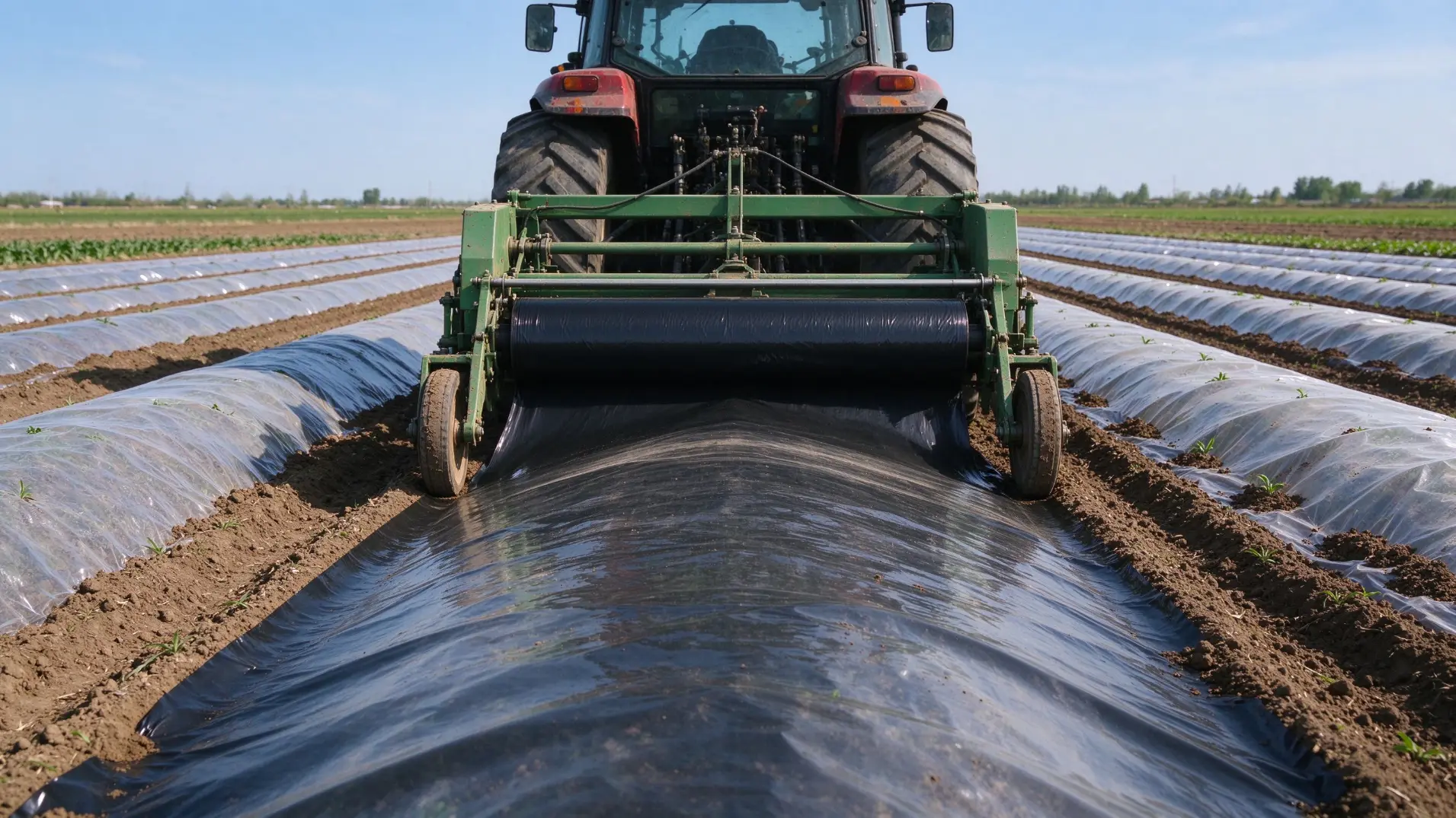 Tractor pulling mechanical mulch layer implement laying black plastic film over raised soil beds in farm field, film unrolling smoothly and edges being covered with soil by press wheels