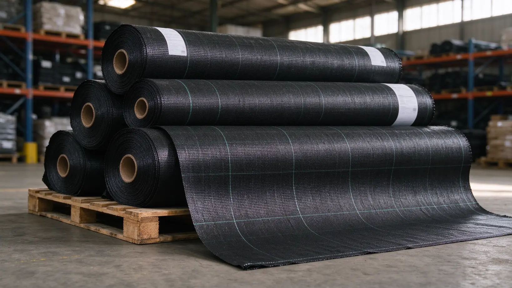 > Rolls of black woven weed control fabric stacked on wooden pallets in warehouse, one roll unrolled showing woven grid texture, industrial storage setting