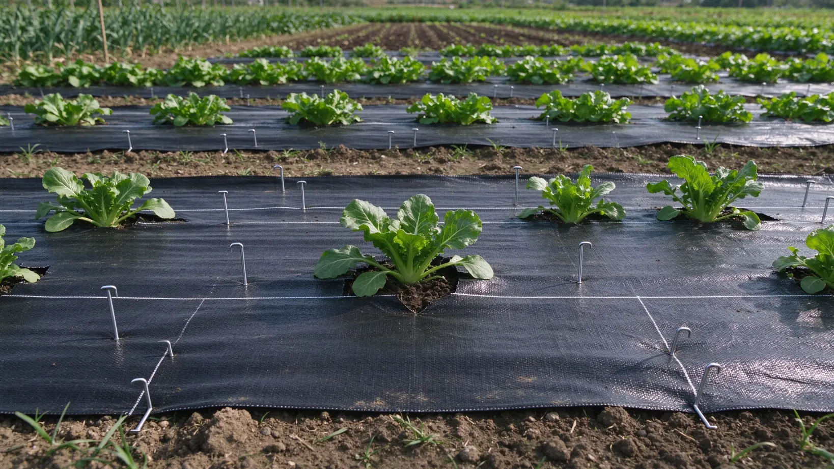 > Black woven weed control fabric installed in vegetable garden rows, secured with U-shaped metal ground staples, green lettuce plants growing through planting holes with white alignment lines